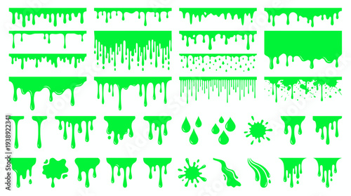 Collection of bright neon green liquid slime drips and splatters isolated on white background, symbolizing radioactive toxic waste or gooey Halloween decoration elements