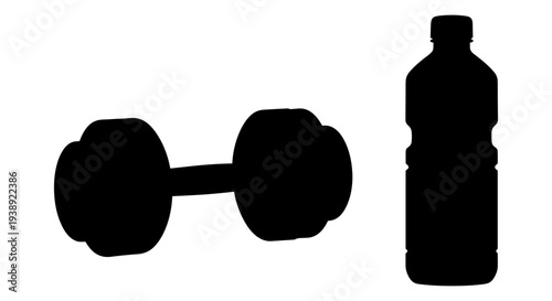 Black silhouette of dumbbells and a water bottle against a plain background Vector, illustration