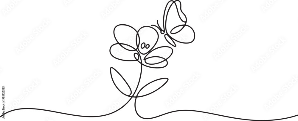Fototapeta premium one line drawing flower with butterfly.one line vector illustration with out background