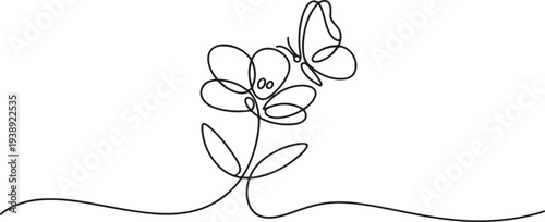 one line drawing flower with butterfly.one line vector illustration with out background