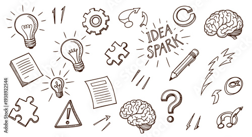 Collection of hand drawn icons representing ideas creativity innovation and problem solving concepts with light bulbs and brains