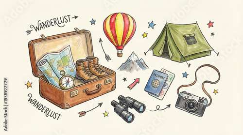 Whimsical hand drawn travel and adventure elements in vibrant colorful style