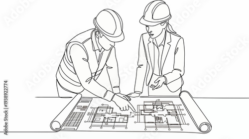 Continuous line drawing of male and female architects in hard hats reviewing floor plan blueprints on a desk, symbolizing professional engineering collaboration and architectural project management