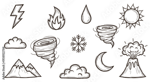 Collection of hand-drawn weather and natural disaster icons representing atmospheric phenomena and geological events