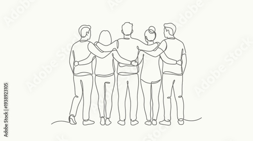 Minimalist continuous single line drawing of diverse group of friends standing together from behind hugging shoulders on white, symbolizing community support and collaborative partnership