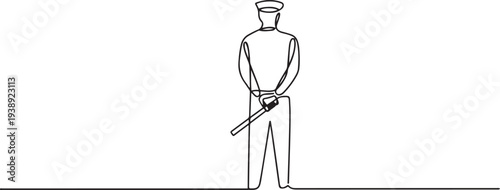 The policeman holds a baton in his hands behind his back. International Day Against Police Brutality.one line vector illustration with out background