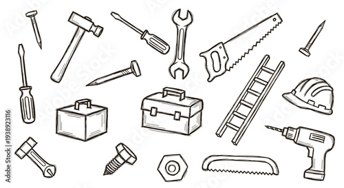 Collection of hand drawn tools including hammer saw screwdriver wrench toolbox ladder and hard hat on white background