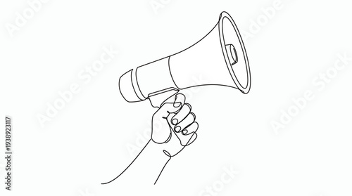 Minimalist continuous one line drawing of a human hand holding a megaphone speaker on plain white background, symbolizing business marketing promotion and corporate public announcement