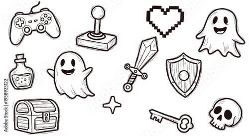Retro video game elements collection with ghosts potion sword shield chest key skull and heart icons for digital art