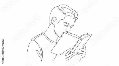 Minimalist continuous one line drawing of a focused young man intensely reading an open book on white background, symbolizing academic excellence or personal development and learning habit