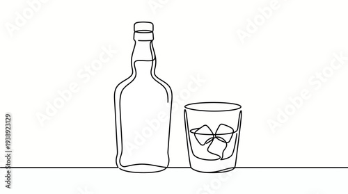 Continuous one line drawing of a whiskey bottle next to a glass filled with ice cubes on a white background, symbolizing nightlife entertainment and luxury bar hospitality