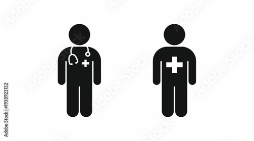 Set of two black medical doctor and nurse silhouettes with stethoscope and cross symbols on white background, symbolizing healthcare professional identification and hospital medical staff signage