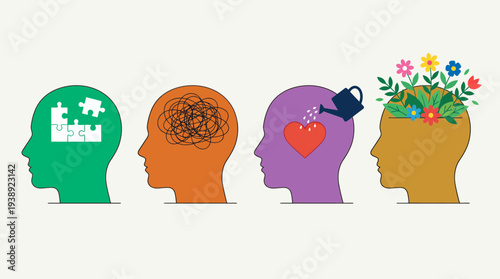 Four colorful human head silhouettes illustrating puzzle pieces, tangled lines, watering a heart and blooming flowers on a light background, symbolizing mental health therapy and growth