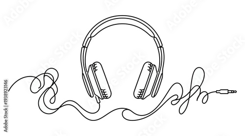 Minimalist continuous one line art drawing of over ear headphones with tangled cable and jack connector on white background, symbolizing music production and creative audio podcasting entertainment