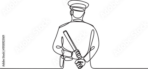 The policeman holds a baton in his hands behind his back. International Day Against Police Brutality.one line vector illustration with out background