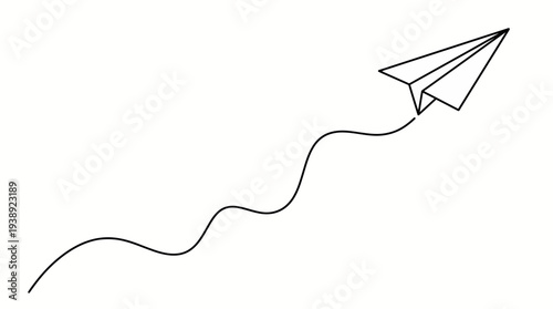 Minimalist continuous line drawing of a paper plane flying upwards with a wavy path on white background, symbolizing business growth or professional startup success and career goals