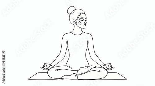 Continuous line drawing of a peaceful woman sitting in lotus yoga pose on a mat with closed eyes and bun hairstyle, symbolizing mindfulness practice, symbolizing mental health awareness