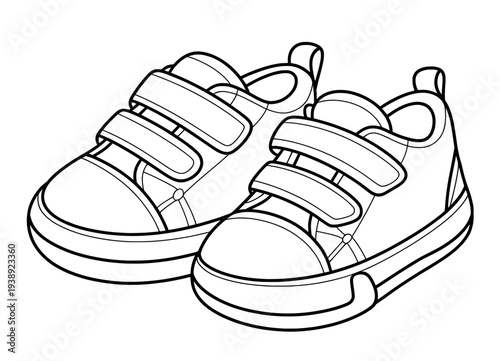 Pair of children sneakers with velcro straps line art vector