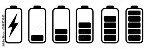 Set of 6 battery charge level icons vector