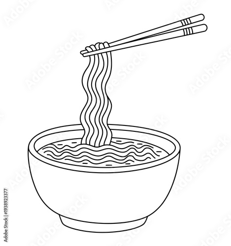 Ramen noodle bowl with chopsticks line art vector illustration