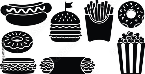 Black and white fast food vector icon set featuring delicious hamburger, french fries, hot dog, donuts, popcorn, and sandwiches isolated on a white background