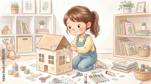 Young girl decorating a dollhouse while sitting on the floor indoors  