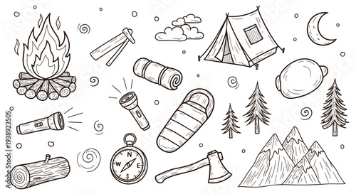 Camping Adventure Essentials Collection Hand Drawn Sketch Elements For Outdoor Recreation And Wilderness Exploration