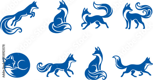 Collection of Six Stylized Dark Blue Fox on White Background

