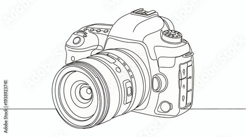 Minimalist continuous line art drawing of modern professional digital SLR camera with zoom lens on white background, symbolizing professional photography equipment and creative media hobby