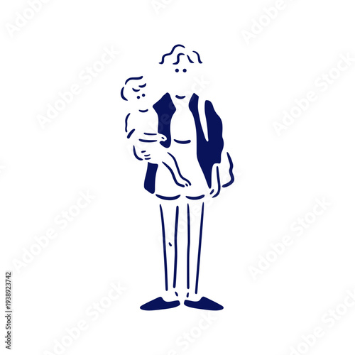 赤ちゃんを抱っこして買い物する女性のイラスト素材