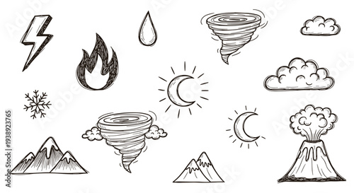 Collection of hand drawn natural disaster and weather icons including lightning fire tornado volcano mountains clouds and moon