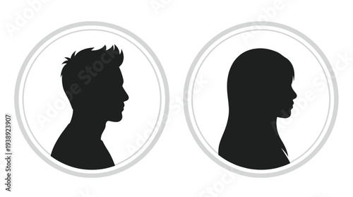 Profile silhouettes of a man and woman side by side within elegant circular frames on a clean white background, symbolizing user profile interfaces or anonymous account identity
