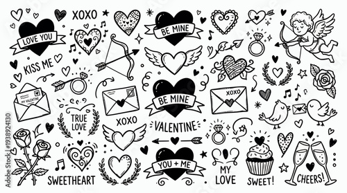 Set of hand drawn black and white valentines day doodles featuring cupid hearts roses arrows and love letters on white background, symbolizing romantic greeting card design and wedding decor