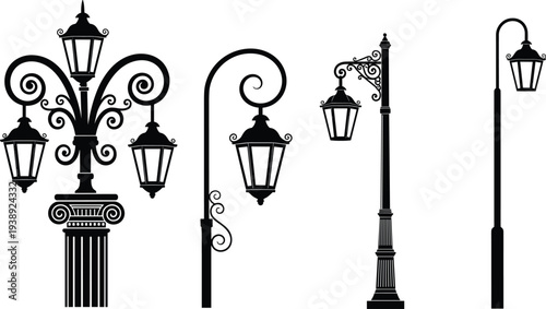 Vintage street lamp silhouette set with ornate wrought iron details, classic gas lantern posts for urban lighting and architectural design elements.