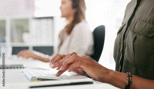 Photography Woman, hands and typing with keyboard in call center for data entry, enquiry or customer service