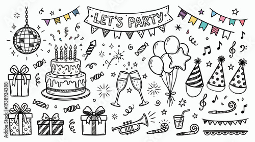 Hand drawn party doodles collection featuring birthday cake, balloons, gifts, disco ball and festive decoration elements on white background, symbolizing event planning or celebration joy
