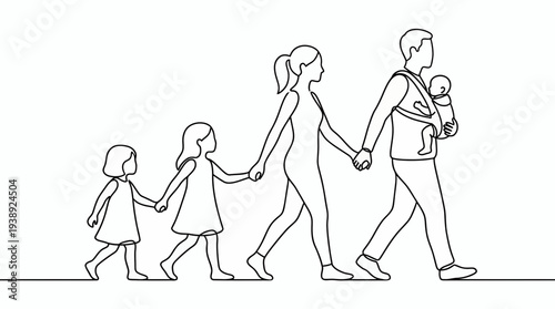 Minimalist continuous line drawing of a family with two daughters and a father carrying a baby in a carrier walking together, symbolizing family togetherness or parenthood journey