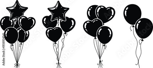 "Black silhouette illustration of grouped balloons in various shapes including stars, hearts, and ovals, tied together for decoration, celebration, party design, and festive artwork"