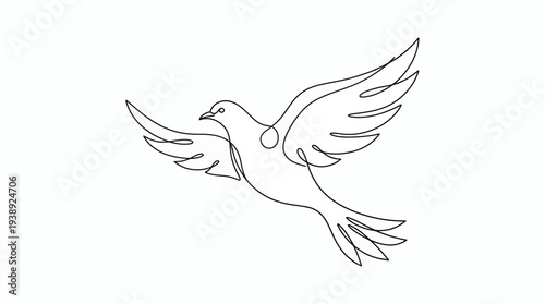 Minimalist continuous one line drawing of a flying pigeon bird with spread wings on white background, symbolizing peace movement or spiritual hope concept for corporate identity projects