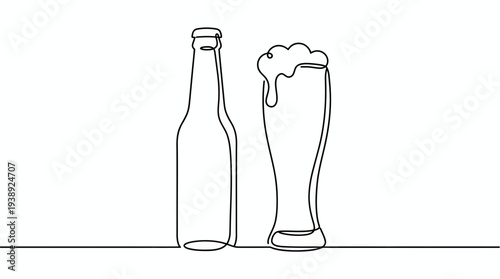 Continuous one line drawing of a glass of cold beer with foam and a glass bottle on white background, symbolizing craft brewery celebration, symbolizing pub refreshment branding design