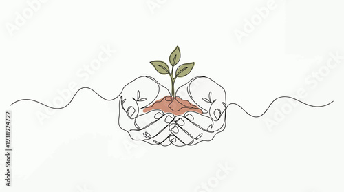 Minimalist continuous one line art of human hands cupping fertile soil with a small green plant sapling growing on white background, symbolizing environmental protection and sustainable growth