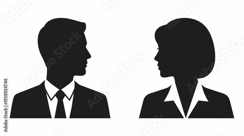 Male and female professional business silhouettes wearing formal suits facing each other on white background, symbolizing professional teamwork, symbolizing corporate communication