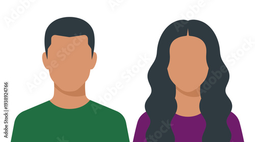 Flat vector illustration of a faceless man and woman avatars with black hair against a white background, symbolizing user profile interface or community diversity representation