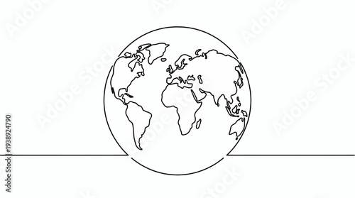 Minimalist one continuous line art drawing of planet earth globe world map atlas on isolated white background, symbolizing international connectivity or global sustainability awareness