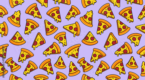 Cute seamless pattern featuring kawaii pizza slices with melting cheese and pepperoni toppings on purple background, symbolizing restaurant branding and creative fast food packaging