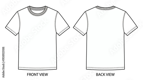 Technical drawing of a blank white crew-neck t-shirt template showing both front and back views with outlines, symbolizing clothing design presentation or apparel manufacturing mockup