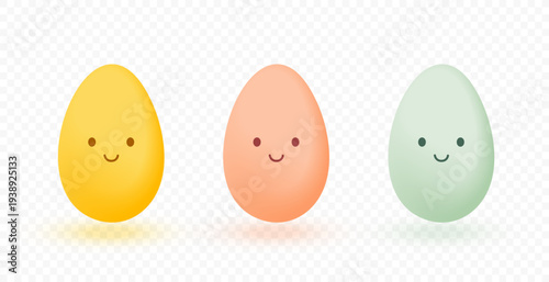 set of three minimal smiling easter eggs characters in pastel colors