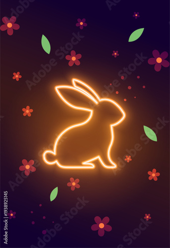 orange neon bunny outline with floral elements for easter celebration