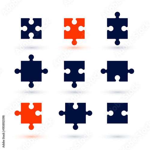 nine blue orange jigsaw puzzle piece element with shadow effect