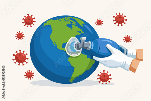 Planet Earth receiving emergency respiratory support with a manual resuscitator bag and oxygen mask held by medical hands, surrounded by red coronavirus cells during a global pandemic crisis.